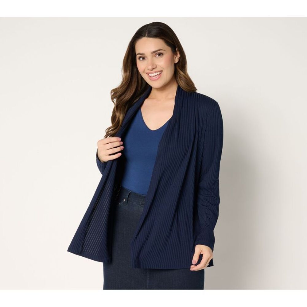Susan Graver Women's Top Sweater Sz XS Ribbed Liquid Knit Cardigan Blue A701913